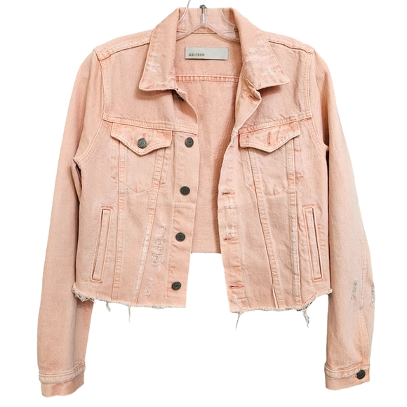 Nwot GRLFRND Peach Denim Cara Distressed Longsleeve Crop Denim Jacket - Picture 13 of 16
